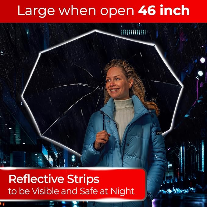 TUMELLA Flip-proof Inverted Travel Umbrella, Small Strong but Light Portable and Automatic Reverse Folding Rain Umbrella, Durable Premium Grip, Fits Car & Backpack