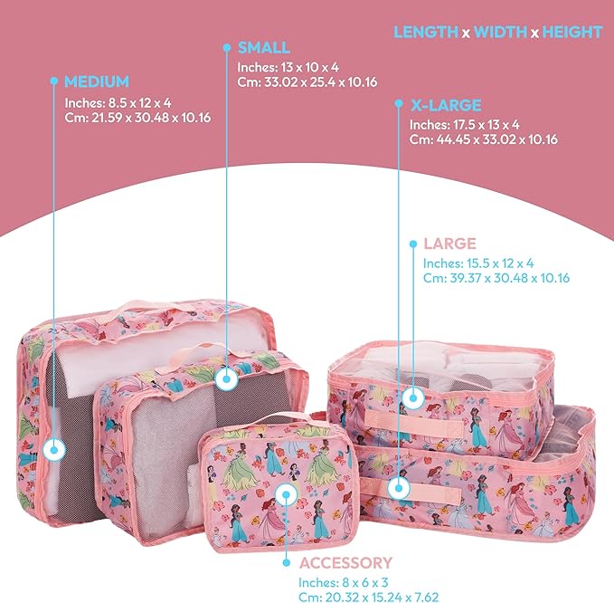 Disney Minnie Mickey Stitch Packing Cubes - Winnie the Pooh, Princess Cinderella, Cars, Toy Story 5 Piece Packing Cubes Compression - Travel Essential - Luggage Suitcase Organizer Set