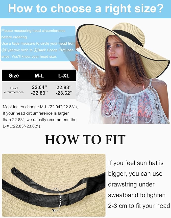 Senker Fashion Sun Hats for Women Oversize Wide Brim Straw Beach Hat Floppy Foldable Roll-Up Summer Vacation UPF 50+