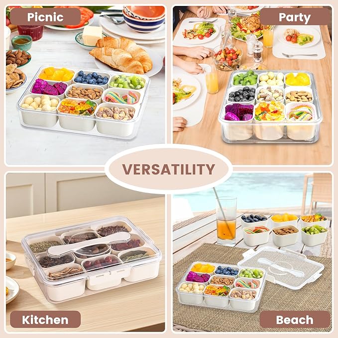 Snack Box Container, Portable Travel Charcuterie Board with Lid, Refrigerator Food Storage Box, Snack Organizer, Divided Storage Containers, chopped salad box (2 pack 9 Compartment)