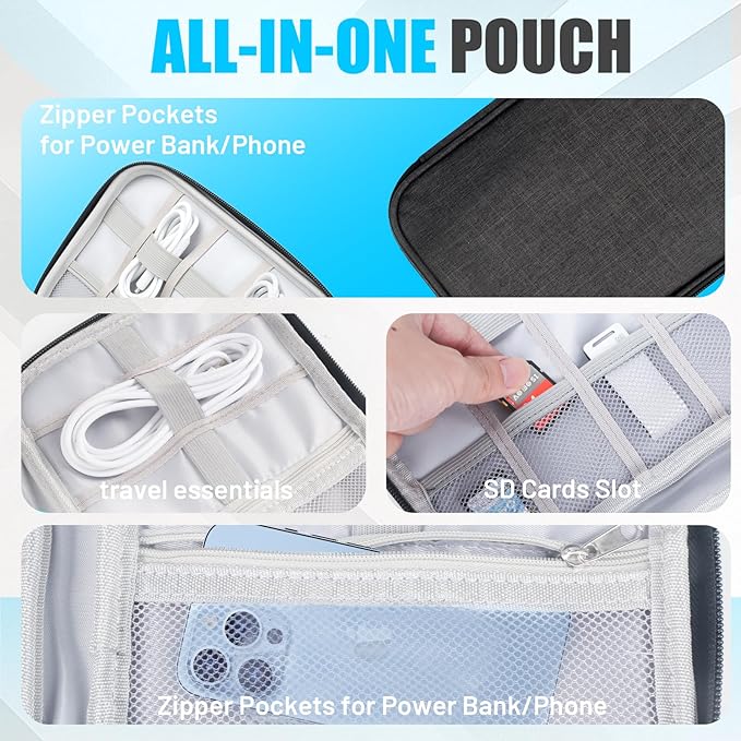 Travel Cable Organizer Bag, Electronics Organizer Tech Pouch with Double Layers for Cords, Chargers, Phone, Earphones, USBs, SD Cards - Travel Essentials Portable Waterproof Tech Pouch