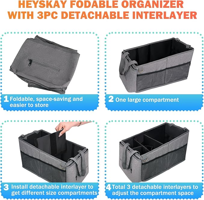 HEYSKAY Car Organizer with Tissue Box, Coffee Cup Drink Holder, Toy Books Storage for Car (Grey)