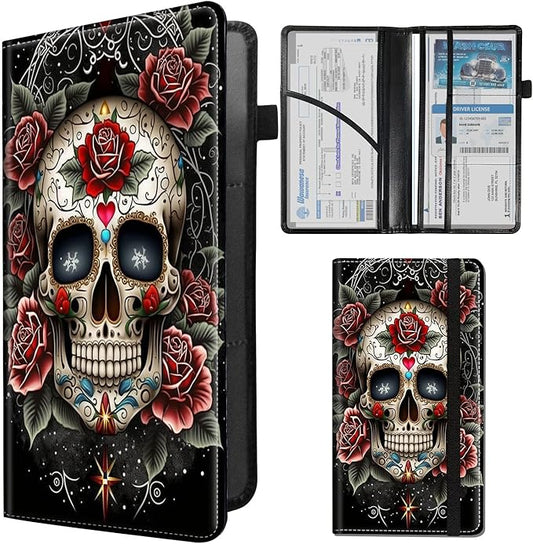 Car Registration and Insurance Holder,Leather Insurance License and Registration Card Holder for Car Glove Box, Auto Truck Document Holder Organizer for Men Women-Sugar kull with Roses Gothic Art