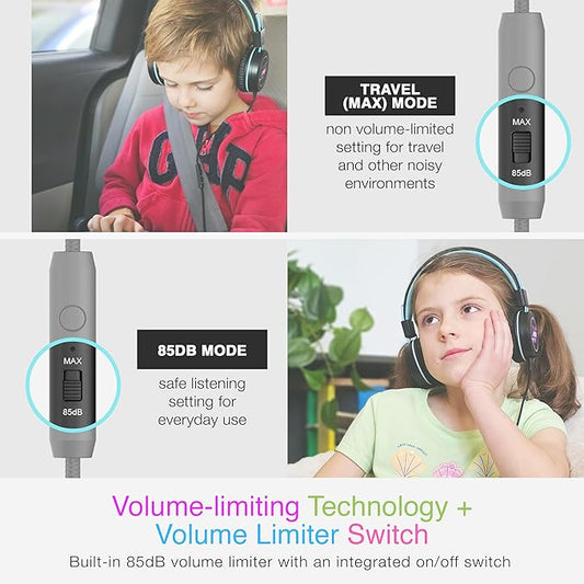 MEE audio KidJamz KJ55 Safe Listening USB-C Headphones for Children with Multicolor LED Lights, Volume Limiter, & Microphone; On-Ear Wired Kid Headset for iPhone 16, iPad, & USB Type C Devices (Black)