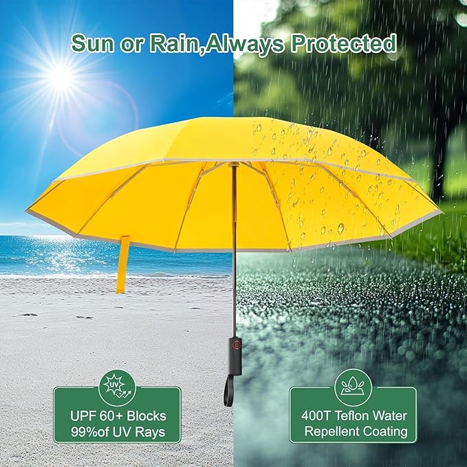 Rappeo 4-in-1 Inverted Travel Umbrella Compact, Automatic Large Umbrellas for Rain & Sun, Portable Windproof Umbrella for Backpack, Reverse Folding Umbrella for UV with Reflective Strips,Lightweight