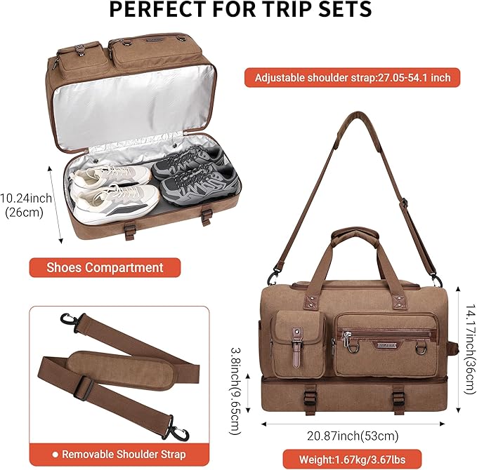 WITZMAN Canvas Weekender Bag Mens Overnight Bag for Traveling Carry on Duffle Bags with Shoes Compartment（A8010 Brown）