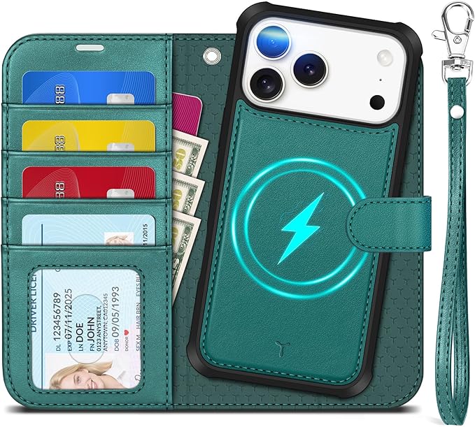 TUCCH 2-in-1 Removable Case Wallet for iPhone 17 Pro Max (6.9") 2025, Detachable Wrist Strap, 4 Card Holders RFID Blocking, Wireless Charging, Stand, Magnetic, PU Leather Folio Cover, Bluish Green