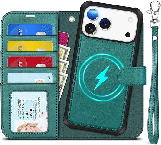 TUCCH 2-in-1 Removable Case Wallet for iPhone 17 Pro Max (6.9") 2025, Detachable Wrist Strap, 4 Card Holders RFID Blocking, Wireless Charging, Stand, Magnetic, PU Leather Folio Cover, Bluish Green