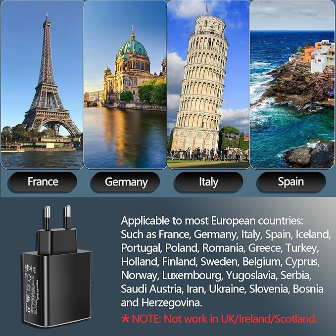 55W European Travel Plug Adapter 2 Pack, European USB C Charger 4-Port Fast Charger Type C Wall Charger USA to Europe Plug Adaptor for iPhone 17 16 15 14 13 12 11 Pro Max X 8, Galaxy, Android