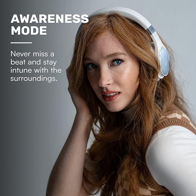 Raycon Everyday Bluetooth Headphones - Over The Ear, Active Noise Cancelling Wireless Headphones + Awareness Mode, Bluetooth Headset with Mic, 40 Hours of Battery Life (Frost White)