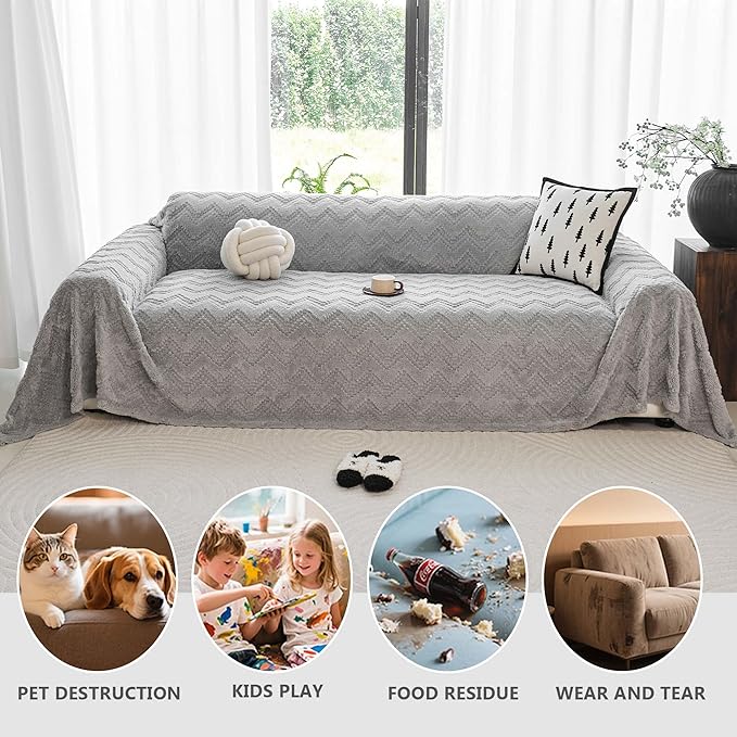 Sherpa Fleece Couch Cover for 3 Cushion Sofa, Grey, 71" x 134" - Pet Proof Sofa Covers Heavy Duty Scratch Resistant Pet Friendly Furniture Cover - Easy Install, Machine Washable