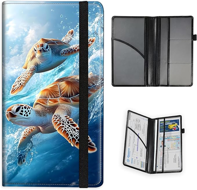 Car Registration and Insurance Holder PU Leather Vehicle Insurance and Registration Holders Wallet Case with Elastic Band Closure for ID Card, Driving Licence, Sea Turtle Swimming