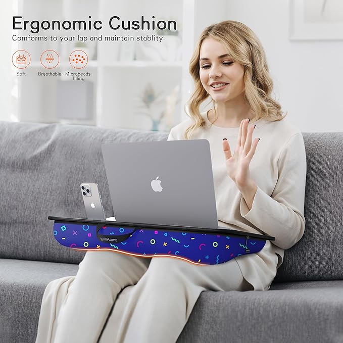 Millhome Lap Desk | Portable Laptop Desk – Fits Up to 17.3" Laptops – Detachable & Washable Cushion, Phone Holder, Device Ledge – for Writing, Working, Reading on Bed, Couch, Sofa, Floor – Geometric