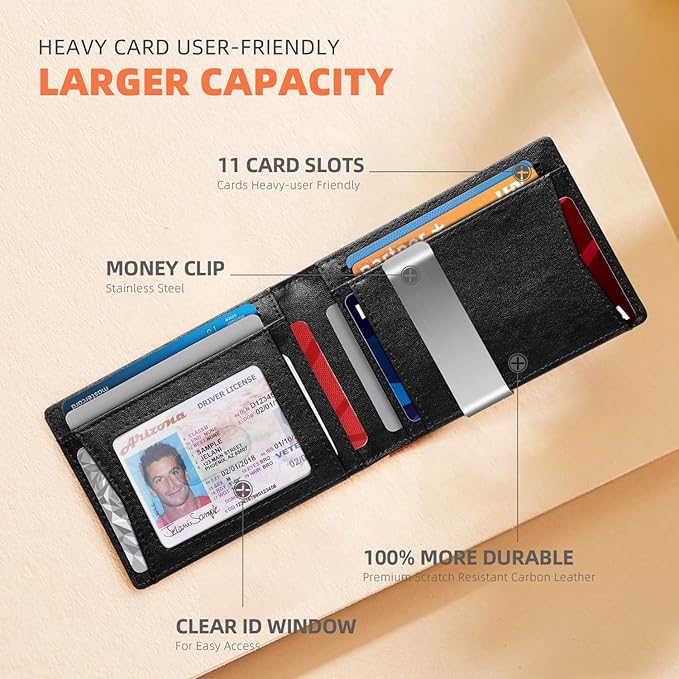 RUNBOX Slim Wallets for Men - Leather Money Clip Mens Wallet - RFID Blocking Front Pocket Bifold Wallet - Thin Credit Card Holder with Gift Box