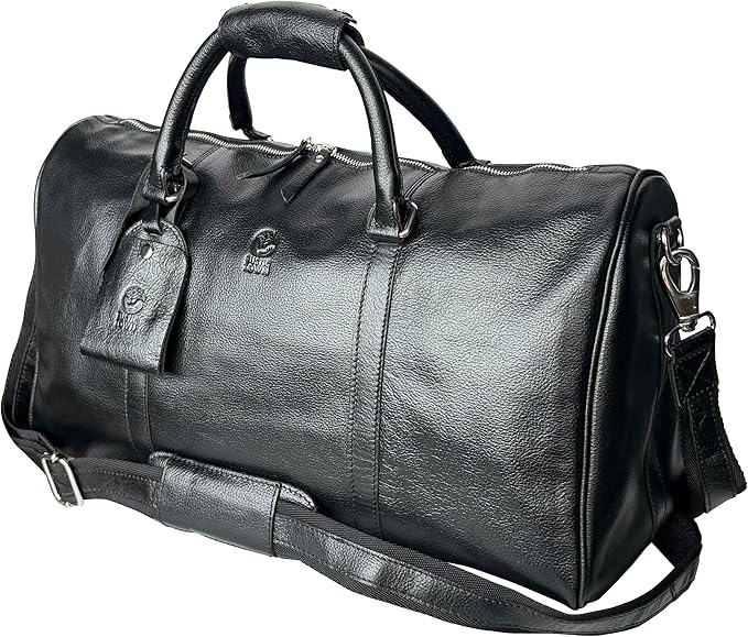 Leather Duffle Bag for Men - Full Grain Leather Travel Bag - TSA Approved Carry On Weekender Overnight Duffel Bag (Black, 20 inch)