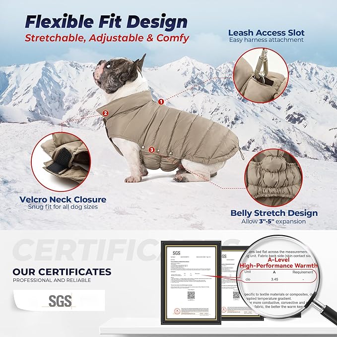 SPACE LION Dog Puffer Jacket, Down Winter Coat, Durable Outdoor Coat for Cold and Windy Conditions, Lightweight & Adjustable Fit Coats for Medium Dogs, (Khaki, Size14/L)