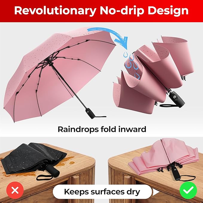 TUMELLA Flip-proof Inverted Travel Umbrella, Small Strong but Light Portable and Automatic Reverse Folding Rain Umbrella, Durable Premium Grip, Fits Car & Backpack