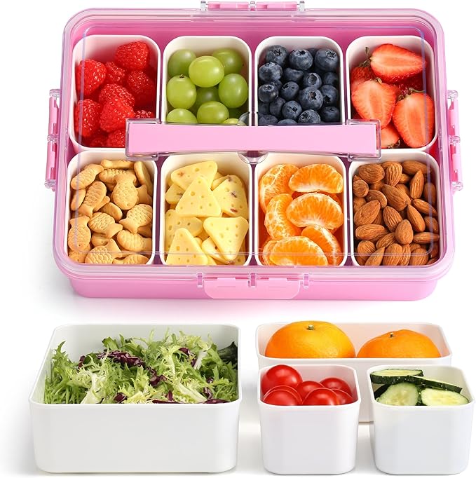 Snackle Box Container for Adults, 11 in 1 Divided Serving Tray Snack Box Containers with Stackable Compartment and Handle, Customizable Charcuterie Boxes Portable Snack Platter for Party Travel, Pink