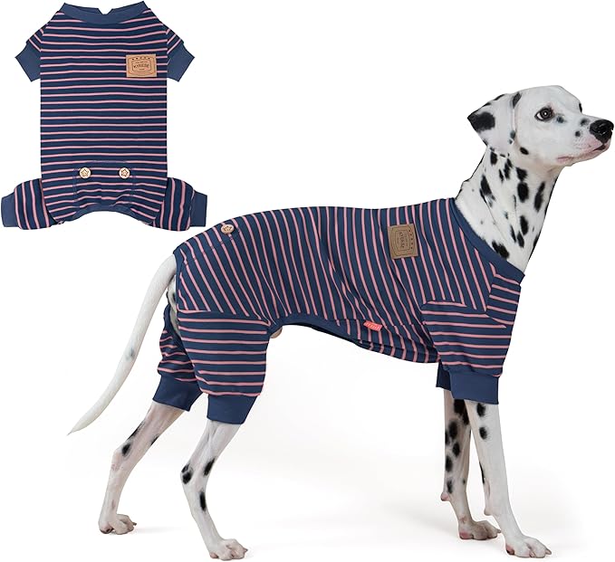 KYEESE Dog Pajamas, Striped Clothes Pet PJS, Velvet Fleece Doggie Jammies, 4 Legs Outfit Soft Dog Pajamas, Cozy Pet Clothes Onesie, Comfortable PJS for Medium Dogs,Navy Blue Striped, XX-Large