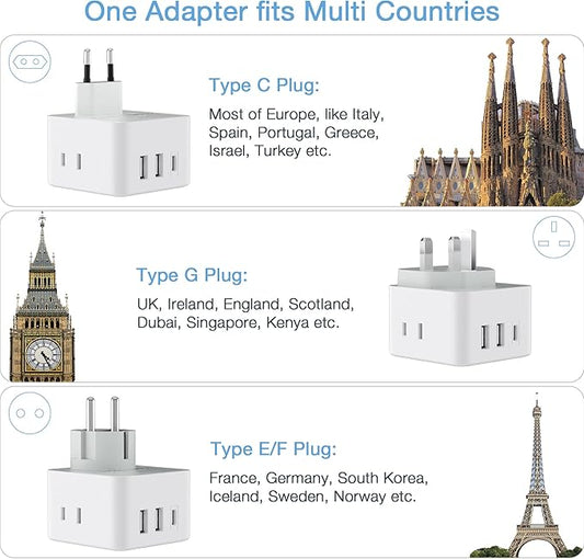 TESSAN All European UK Travel Plug Adapter Kit, International Detachable with 3 Outlet 3 USB Charger (1 USB C), Type C/G/E/F EU Ireland Power Adaptor, US to Europe Italy Spain France Greece