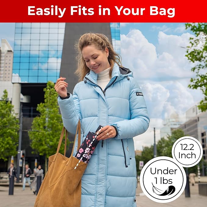 TUMELLA Flip-proof Inverted Travel Umbrella, Small Strong but Light Portable and Automatic Reverse Folding Rain Umbrella, Durable Premium Grip, Fits Car & Backpack