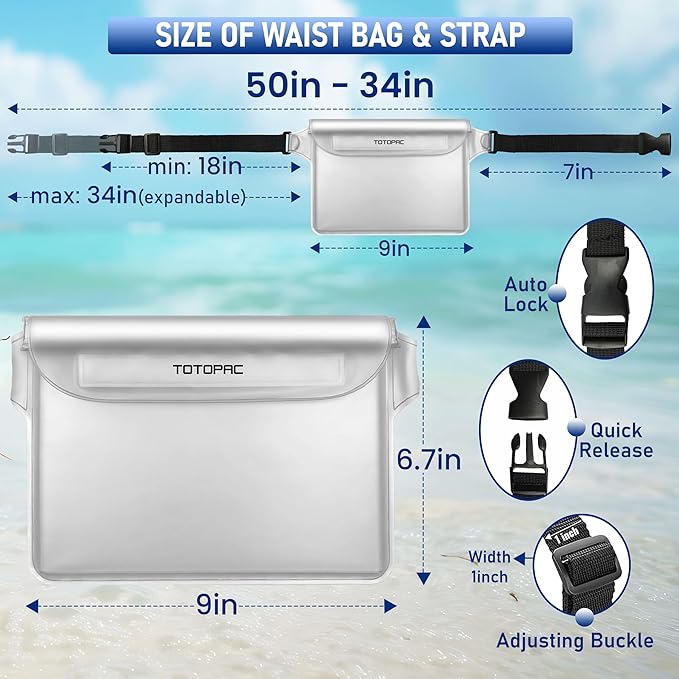 2-Pack Waterproof Fanny Pack, Phone Pouch with Waist Strap, 9x6.7 Inch Dry Bag for Phone, Cash, and Valuables – for Swimming, Kayaking, Boating, Snorkeling, and Water Sports (2, White + White)