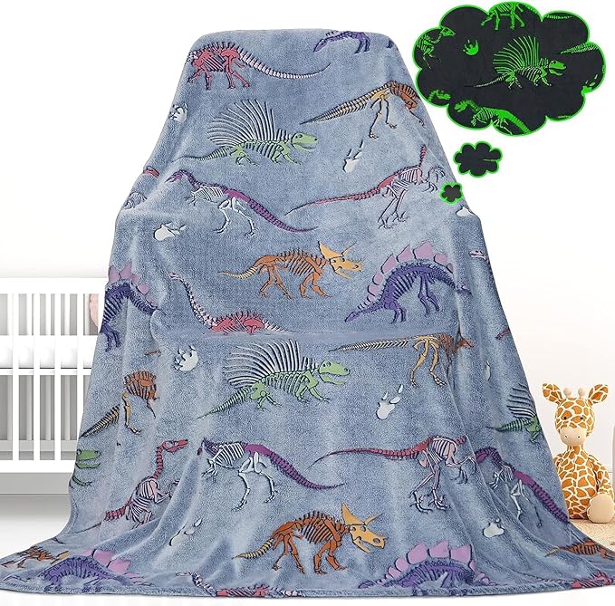 Glow in The Dark Dinosaur Blanket for Boys Girls Kids - Cute Dino Throw for Couch, Soft Warm Plush Fleece Toddler Blanket, Luminous 40"x50"