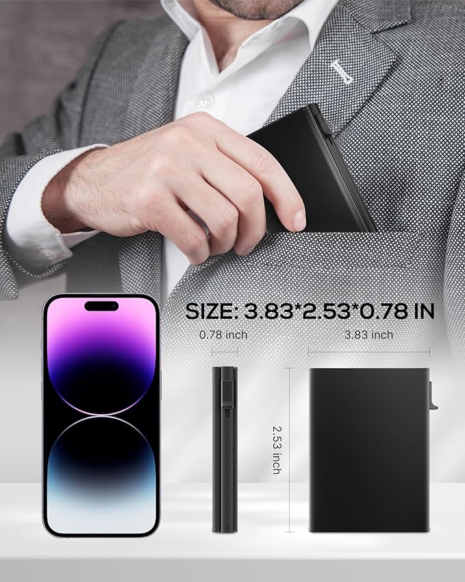 Mens Wallet Card Holder - Smart Wallet for Men, Pop Up Card Case, Top Grain Leather, RFID Blocking, Slim, Minimalist, Ultra Thin, Front Pocket, 9-14 Card Capacity | ID Window | Cash Slot (Black)