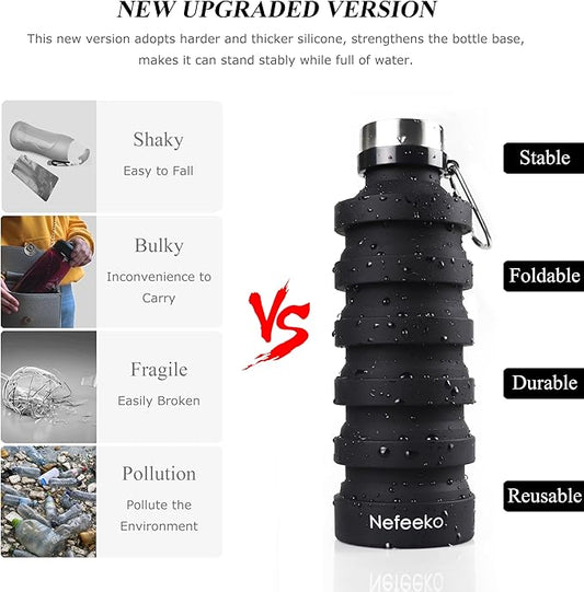 Nefeeko Collapsible Water Bottle, Reuseable BPA Free Silicone Foldable Water Bottles for Travel Gym Camping Hiking, Portable Leak Proof Sports Water Bottle with Carabiner