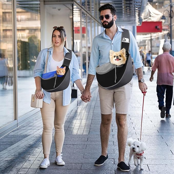 Pawaboo Dog Sling Carrier, Hand Free Breathable Mesh Bag for Puppy Cat, Drawstring Dog Papoose with Adjustable Strap and Pocket, Crossbody Satchel Dogs Purse for Outdoor Travel, L, Indigo