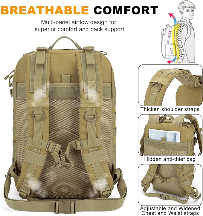 Tactical Backpack 45L Military Rucksack, Water Resistant MOLLE Assault Pack, Large 3 Day Bug Out Bag for Men & Women, Durable Outdoor Gear for Hiking, Camping, Hunting, Travel (Khaki)