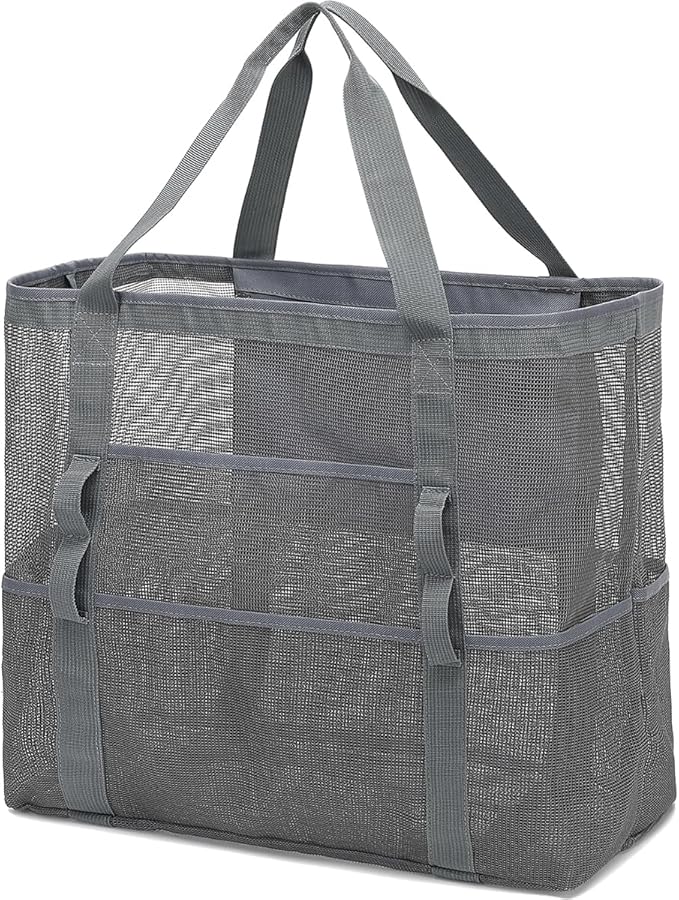 Mesh Beach Bag, Large Beach Tote with Zipper Pocket for Family Pool Bag for Toys & Vacation Essentials