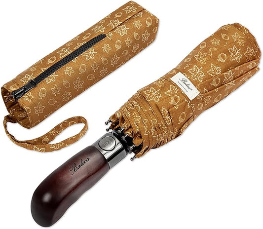Balios Travel Folding Umbrella with Real Wood Handle Auto Open Close Vented Windproof Canopy - Designed in UK