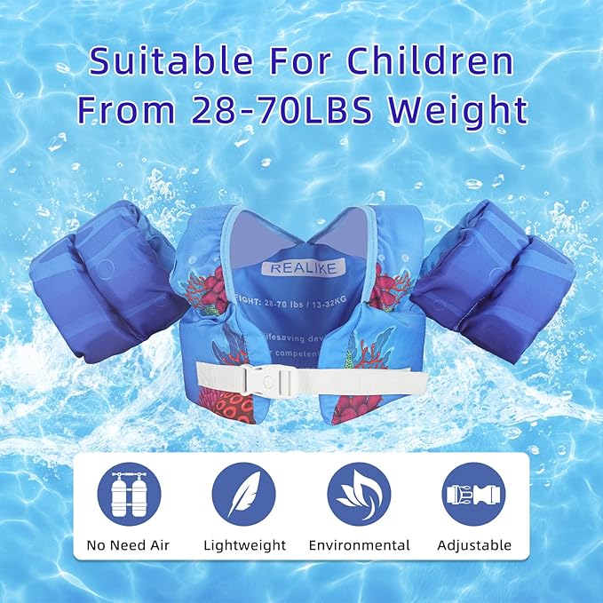 REALIKE Kids Swim Vest for Toddler Floaties Swimming Aids with Shoulder Harness Arm Wings for Children/Infant/Baby,Sea Beach/Pool/Lake, Suitable for 28-70lbs Boys/Girls