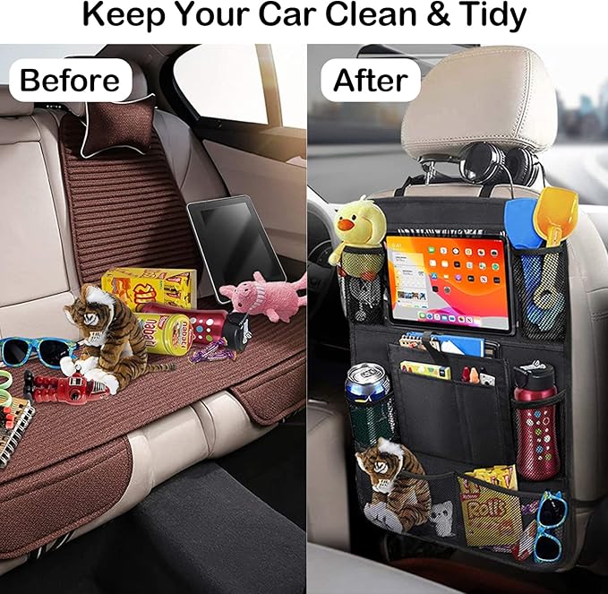Car Storage Organizer 2 PCS,Car Backseat Organizer for Kids Durable Waterproof Oxford Fabric with Touchable Tablet Holder 8 Mesh Pockets and 2 Pockets for Snacks Toys,Car Travel Accessories