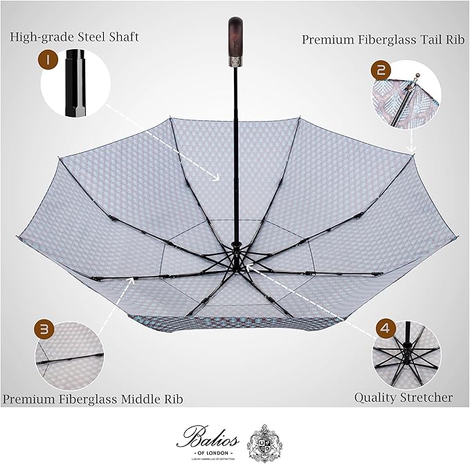 Balios Travel Folding Umbrella with Real Wood Handle Auto Open Close Vented Windproof Canopy - Designed in UK