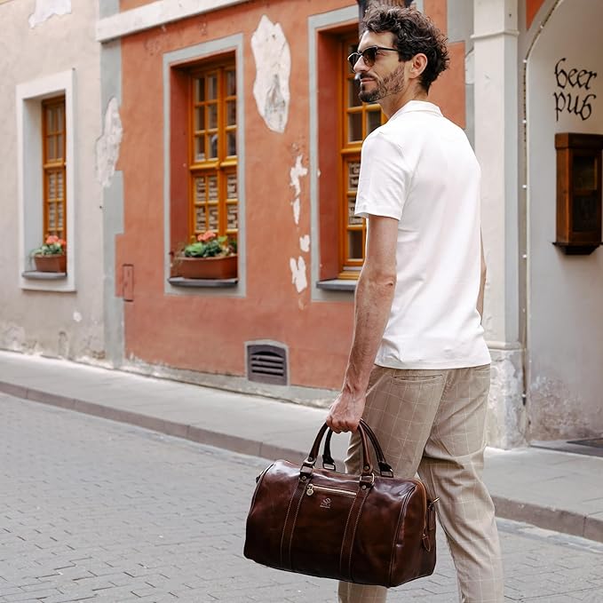 Full Grain Leather Small Duffel Bag Gym Bag Weekender Overnight Unisex Brown - Time Resistance