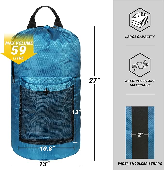 Laundry Bag with Shoulder Straps and Mesh Pocket Laundry Backpack Large Portable Laundry Hamper for College Laundromat Apartment (Light Blue)