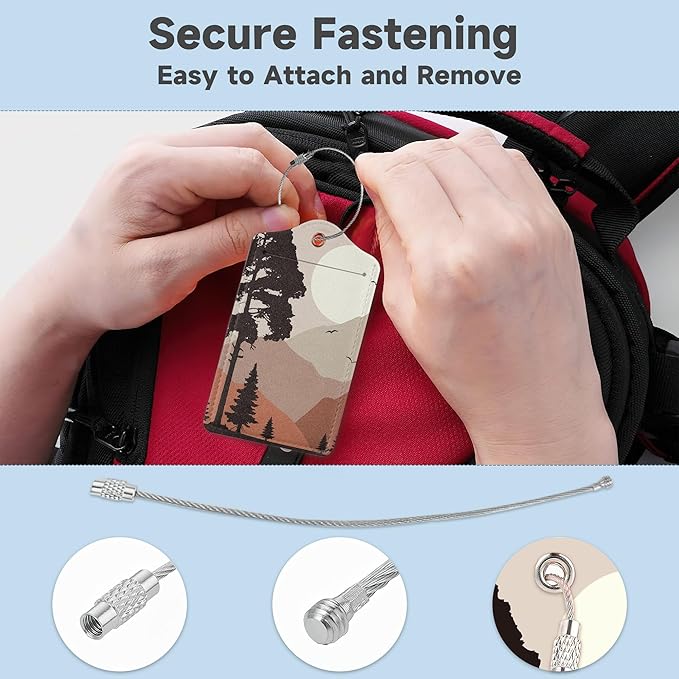 2 Pack Luggage Tag for Suitcase, Landscape Pine Trees Mountains Leather Bag Tags Identifiers Privacy Cover ID Label with Durable Steel Loop for Women Men Kids Girls Travel