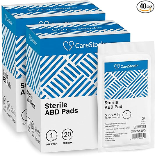 CareStock Abdominal Pads 5x9 in [40-Pack] Sterile ABD Pads, Extra Absorbent, Individually Wrapped, Wound Care First Aid, 20 Count, Pack of 2