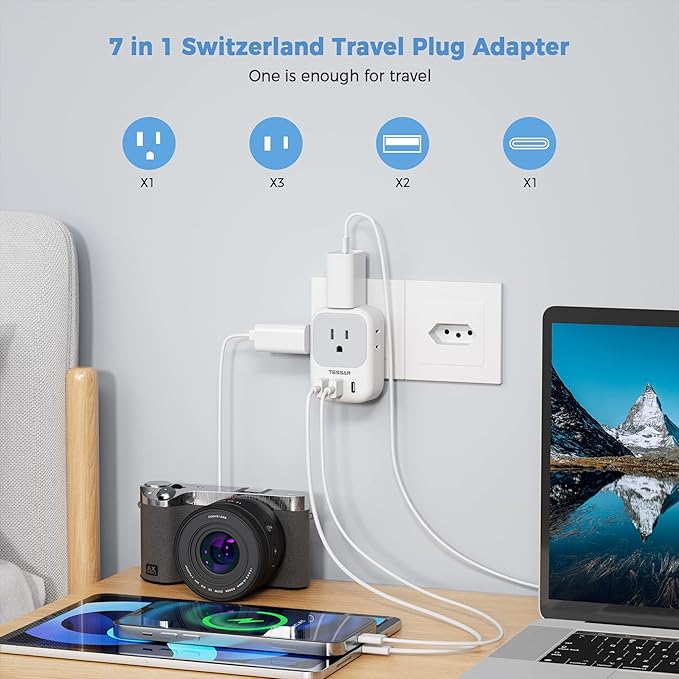 TESSAN Switzerland Power Adapter, Swiss Travel Adaptor with 4 American Outlets 3 USB Charger (1 USB C Port), Type J Plug for US to Liechtenstein Rwanda