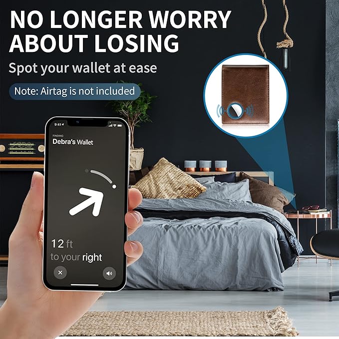 Swallowmall AirTag Wallet Mens RFID Blocking Genuine Leather Bifold Men's Wallet For air tag with 1 ID Window 13 Card Holders CoffeeBrown(Airtag Not included)