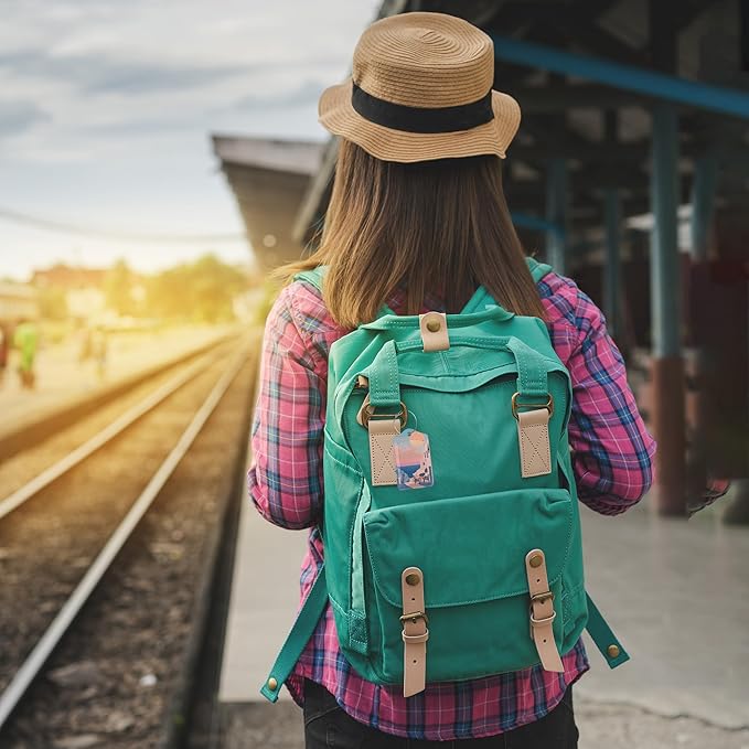 Vintage Sunset Light 3 PCS Luggage Tags, Sunset Seaside Town Leather Suitcase Tags with Privacy Cover Name Address Labels and Durable Steel Loop for Men/Women Travel Bag Suitcases