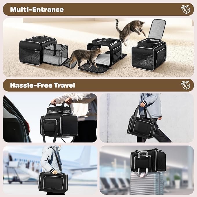 Top and 2 Sides Expandable Cat Carrier 18x11x11, TSA Airline Approved Dog Carriers for Medium Dogs, Soft-Sided Pet Carrier with Self-Locking Zippers for Kitten,Rabbit, Puppy, Guinea Pig Black White