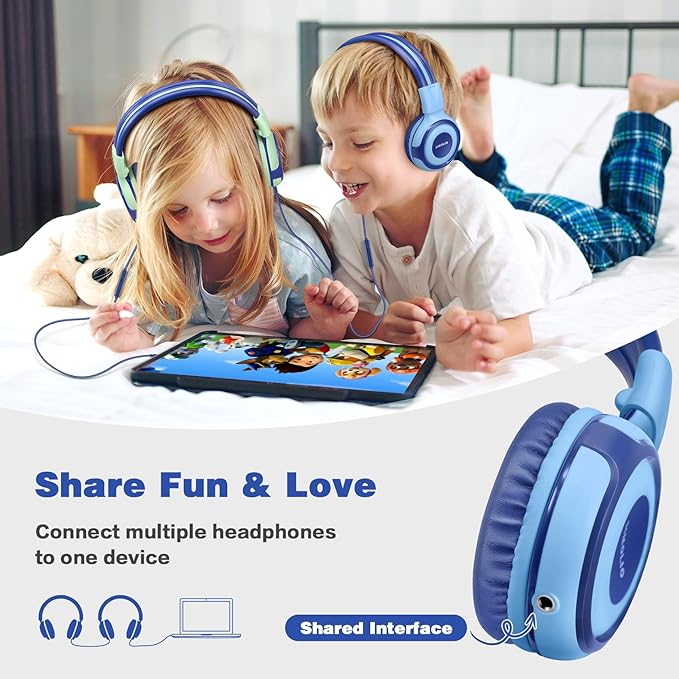 SIMOLIO Kids Headphones for School Age, Wired Headsets with Microphone Volume Limiter Sharing Jack, Adjustable & Sturdy, Tangle-Free Foldable Stereo Headphone for Boys Tablet Travel (Blue)