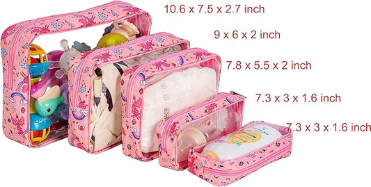 TSA Approved 5-Piece Diaper Bag Organizer Pouch Set Clear Waterproof TPU Kids Toiletry Storage Set Travel Packing Clutch Cube Bags for Baby Nursing