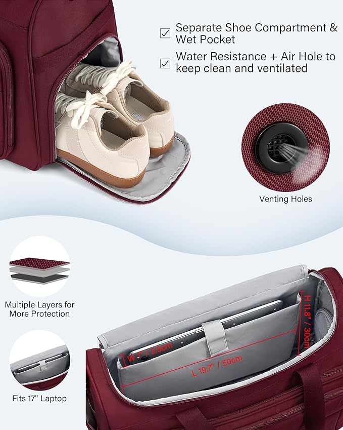 HanTrip Carry on Duffel Bag Foldable Duffle Bags for Travel, Large Personal Item Bags for Airplanes, Weekender Overnight Mens Travel Tote Bag for Women Softside Carry on Luggage (Burgundy)