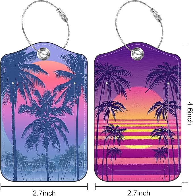 2 Pack Luggage Tag for Suitcase Sunset with Palm Trees Leather Suitcase Tags with Privacy Name ID Label and Stainless Steel Loop for Travel Bag