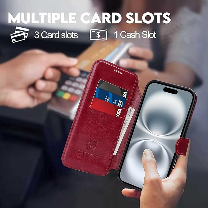 CIVICASE for iPhone 17 Wallet Case with Stand,PU Leather Flip Credit Card Holder Slots (RFID Blocking),Compatible with Magsafe Magnetic Holder Phone Cover Women Men,Wine Red