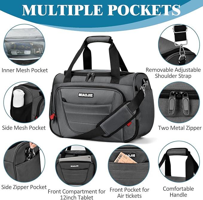 Underseat Carry On luggage Bag Airplanes Personal Item Bags, Gym Bag for Men Weekender Overnight Travel Tote Bag Shoulder Small Softside Carry on Luggage Travel Duffel Bags For Men Women -16 IN Grey
